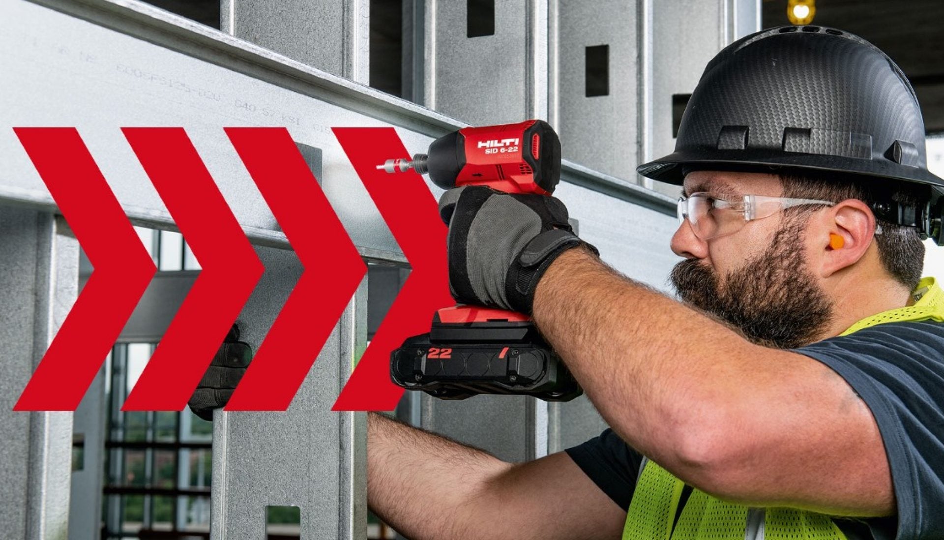 A person is working with the Hilti Nuron SID 6-22 cordless impact driver and a B22-55 Nuron battery.