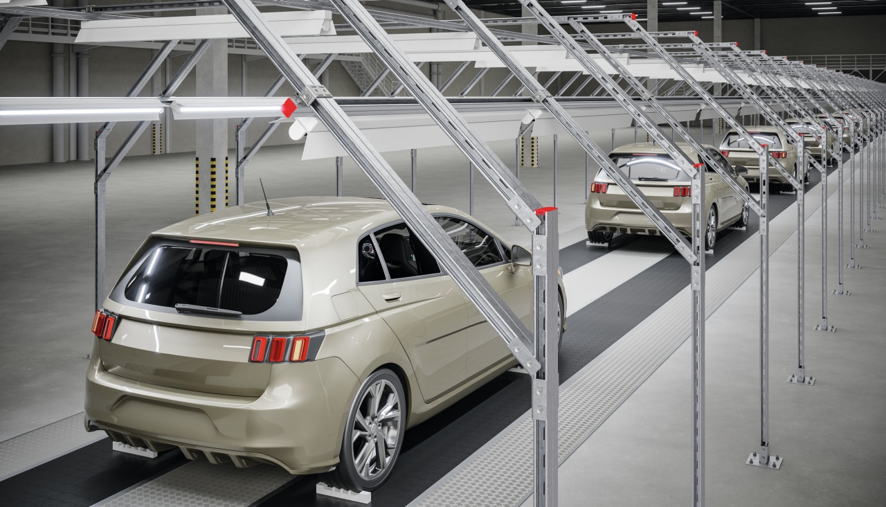 A production line of car chassis in an automotive plant