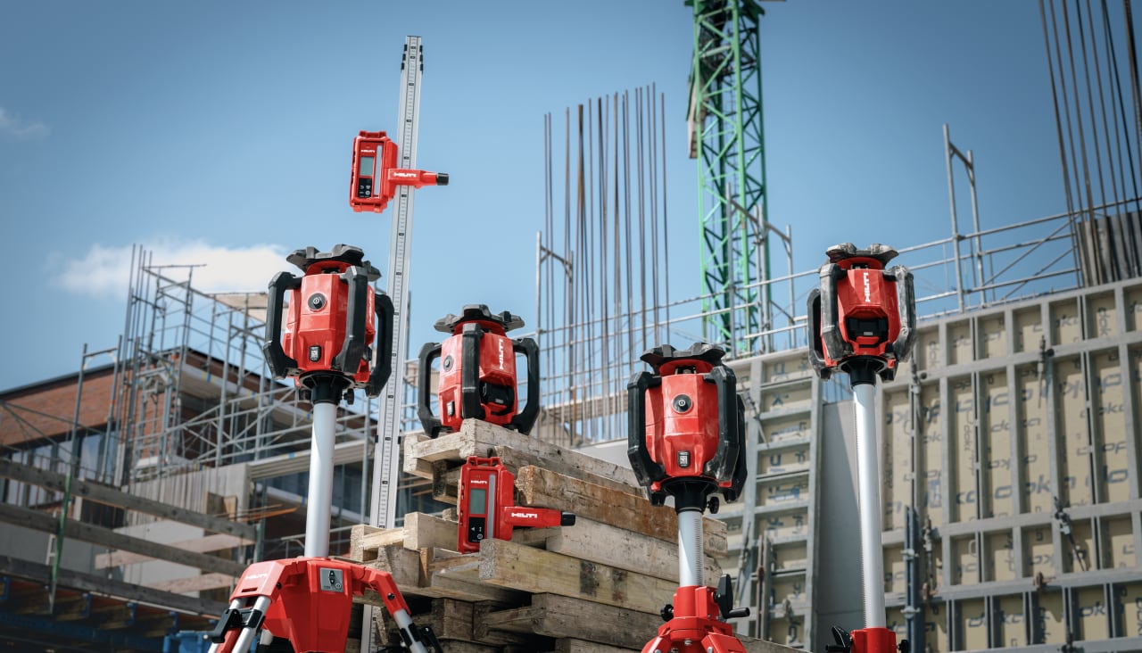 Hilti rotating lasers displayed in a jobsite