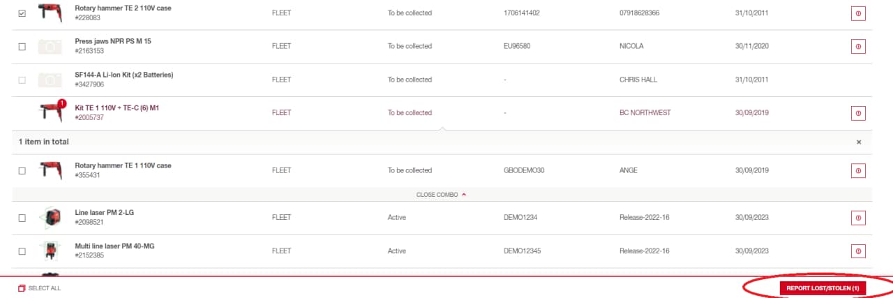 image of a tool list from Hilti online