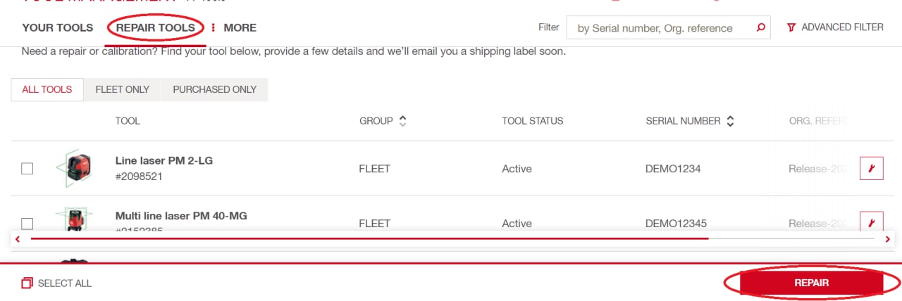 Tool list from Hilti online