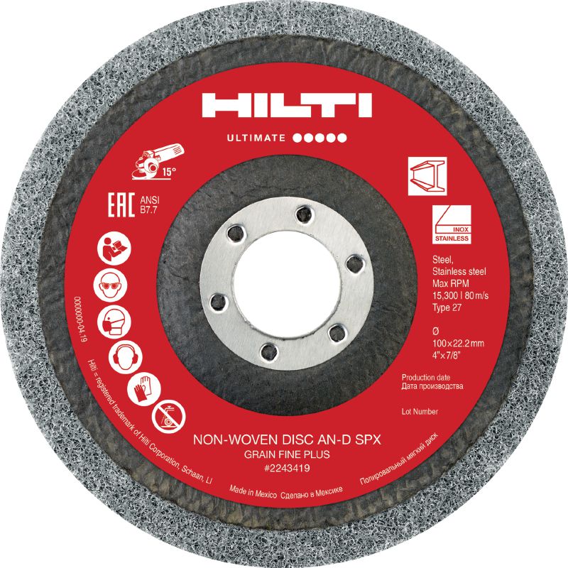 AN-D SPX Non-woven discs with backing Ultimate non-woven grinding discs with fibre backing (Type 27) for finishing stainless steel, aluminium and other metals