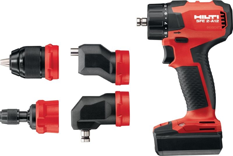 SFE 2-A12 Multi-head drill driver Subcompact-class 12V multi-head cordless drill driver (offset, right-angle, 13 mm keyless and hex bit holder) for installation work in tight spaces and around corners