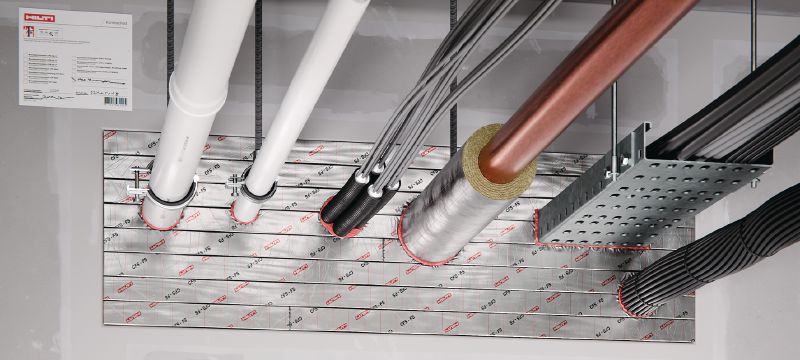 CFS-FS firestop Flexible Seal Stackable foam strips of intumescent firestop, for creating fire barriers in large openings with cables, cable trays, combustible and non-combustible pipes Applications 1