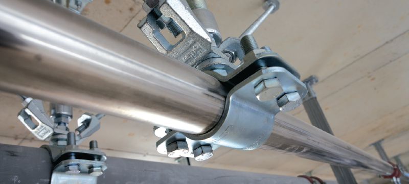MFP-F fixed point pipe clamp hot-dip galvanised (HDG) fixed point pipe clamp for maximum performance in heavy-duty applications Applications 1