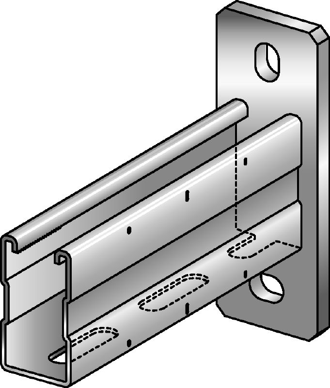 MQK-72-F Bracket Hot-dip galvanised (HDG) bracket with a 72 mm high, single MQ strut channel for medium-duty applications