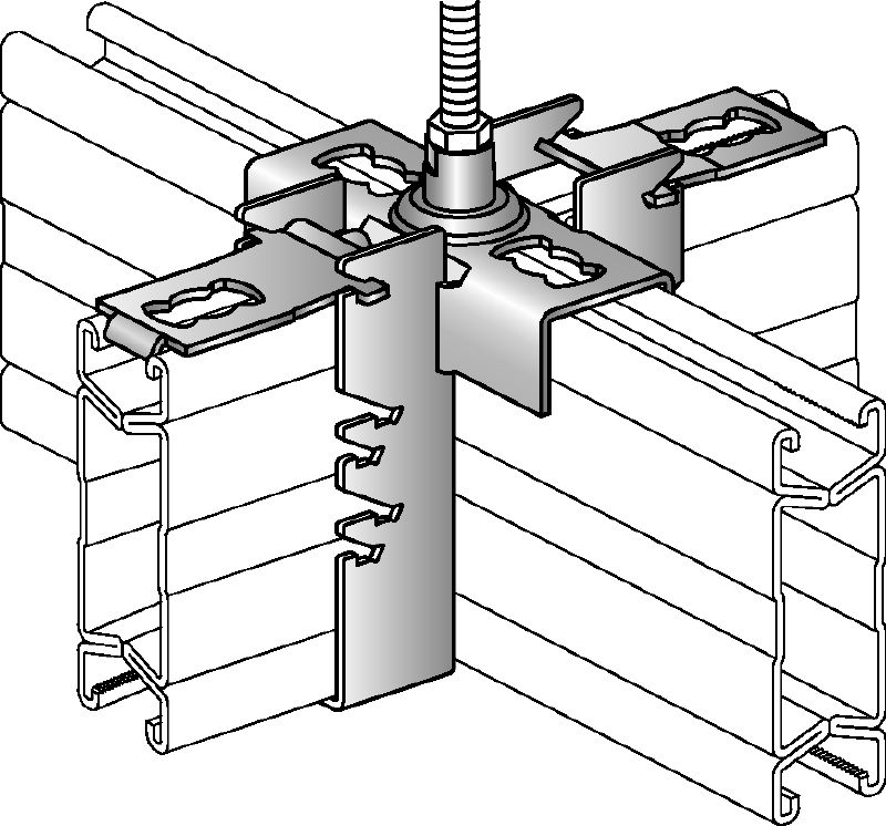 MQI-K Galvanised cross connector for crosswise mounting of channels with an integrated M12 connection for height adjustability