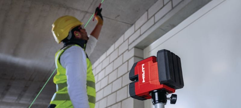 PM 20-CG 12V Plumb and cross line laser Green beam combi-laser with 2 queues and 4 points for plumbing, leveling, aligning and squaring (12V battery platform) Applications 1