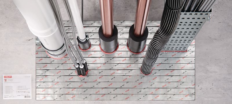 CFS-FS firestop Flexible Seal Stackable foam strips of intumescent firestop, for creating fire barriers in large openings with cables, cable trays, combustible and non-combustible pipes Applications 1
