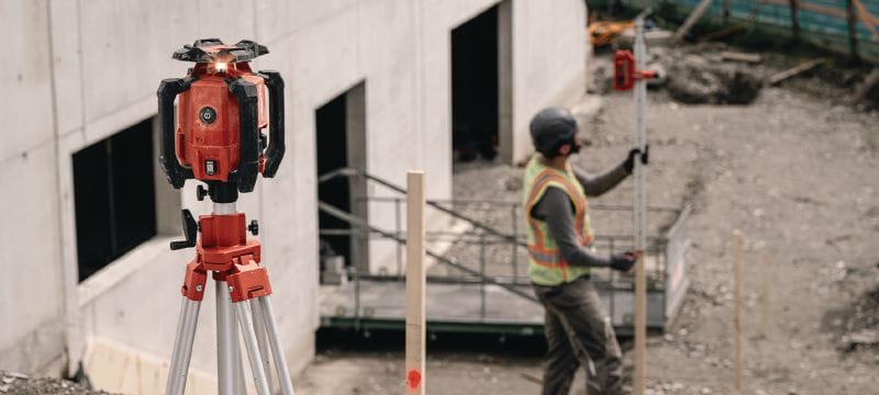 PR 400-22 Dual slope rotary laser level Robust exterior rotary laser level with automatic functions for long-distance leveling, aligning, squaring and dual slope capabilities (Nuron battery platform) Applications 1