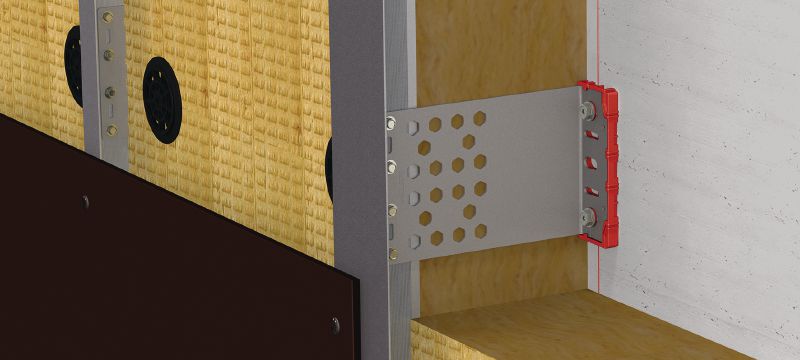 MFT-VSI L Brackets Large stainless steel brackets with pre-mounted isolator for installing ventilated façades on buildings with high thermal efficiency and fire compliance requirements Applications 1